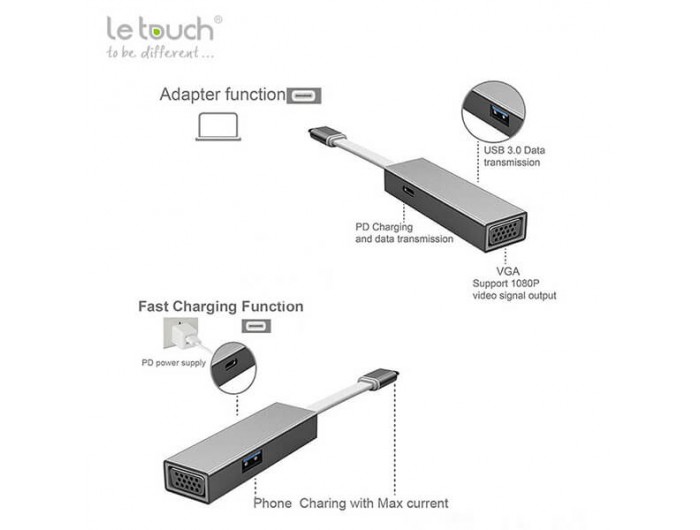 Bộ chia USB-C LeTouch ra VGA + USB 3.0