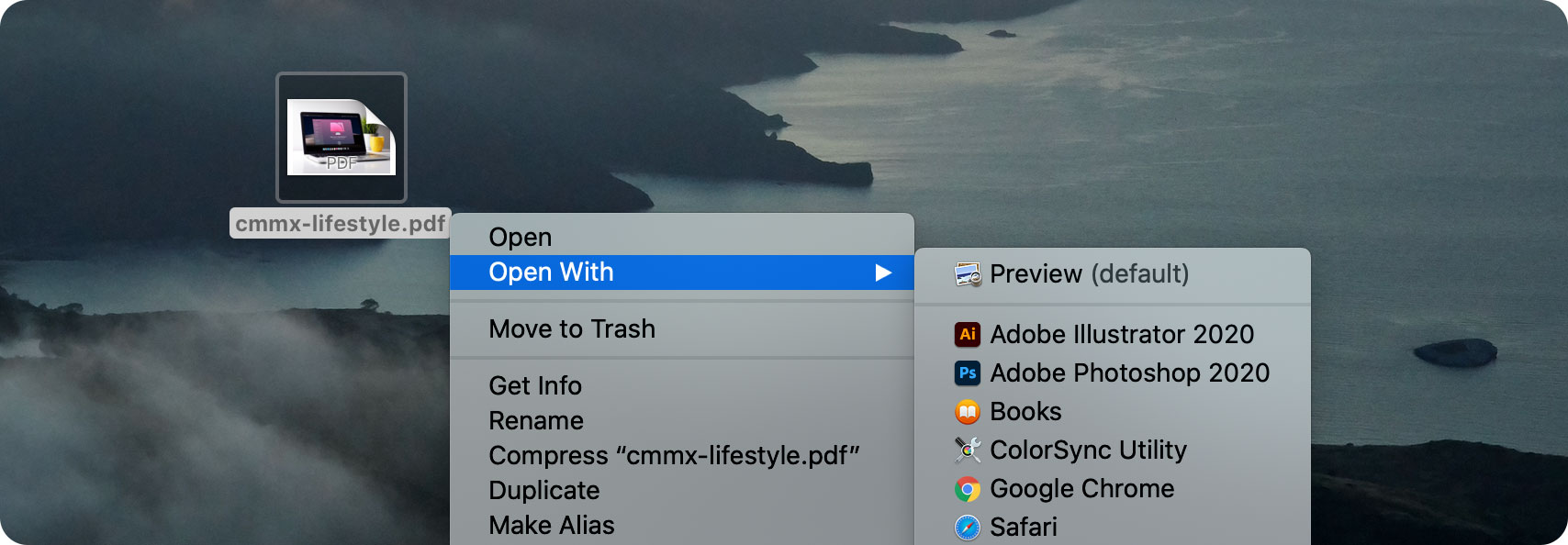 Nhấn chuột phải vào file PDF, chọn Open with rồi chọn Preview để mở hình ảnh ở chế độ Preview