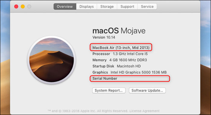 Tìm số serial ở phần giới thiệu chung dành cho MacBook